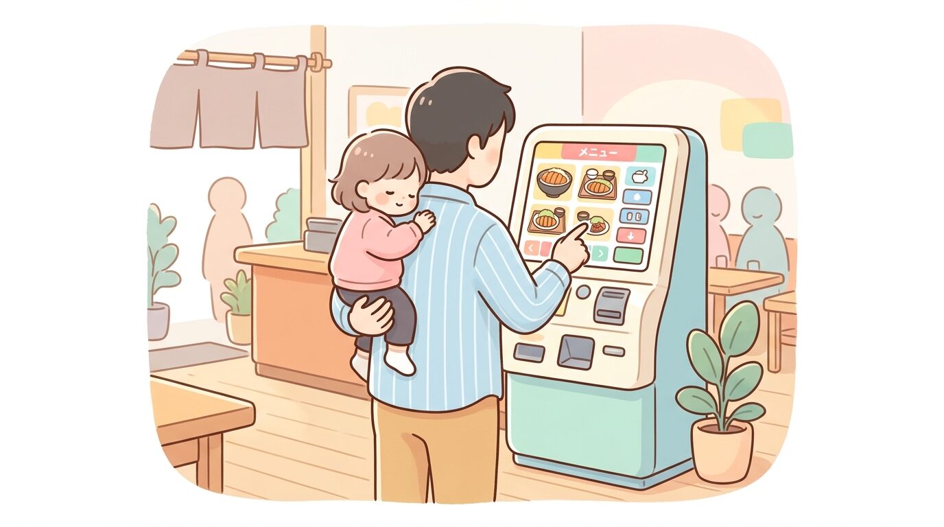 券売機の前で子どもを抱っこしながらメニューを選ぶ父親の後ろ姿
