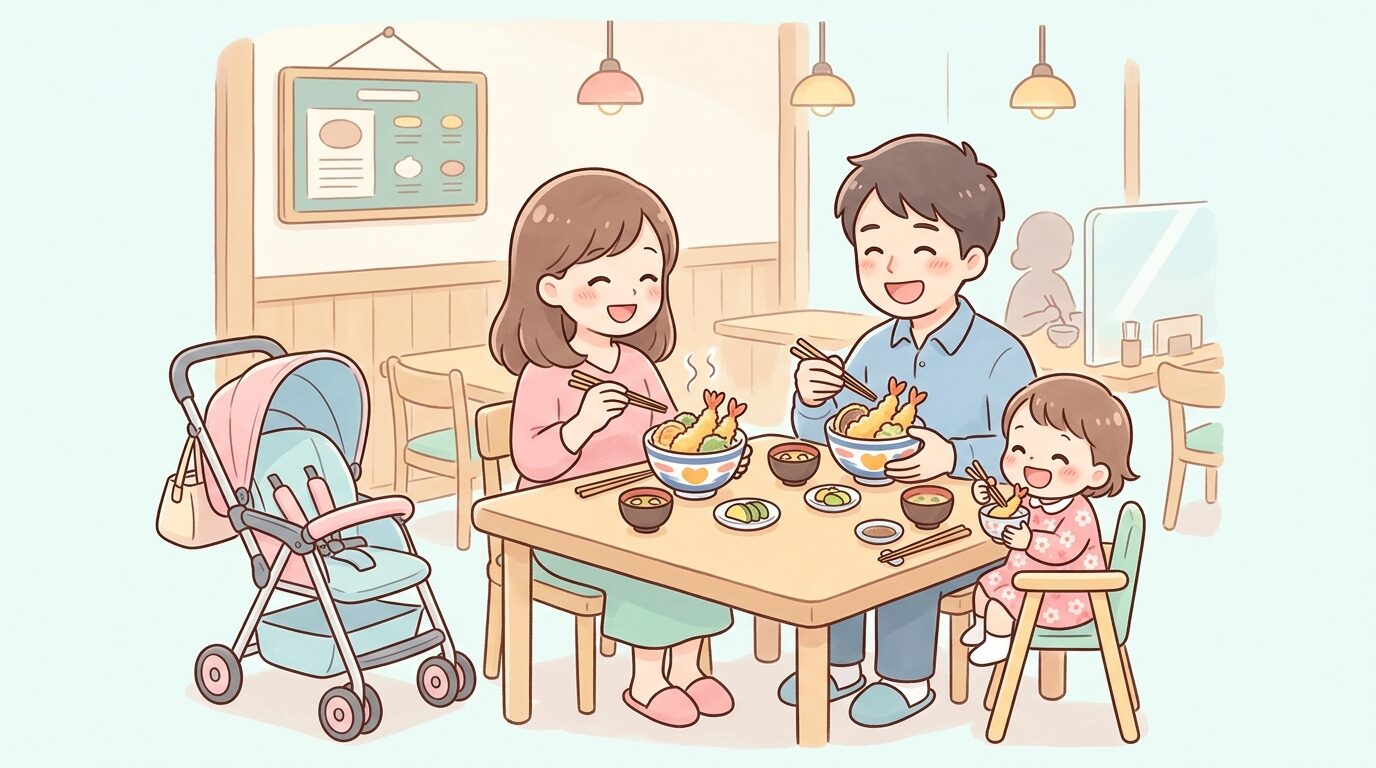 天丼てんやの店内でベビーカーを横に置き、親子で天丼を食べる幸せそうな家族の様子