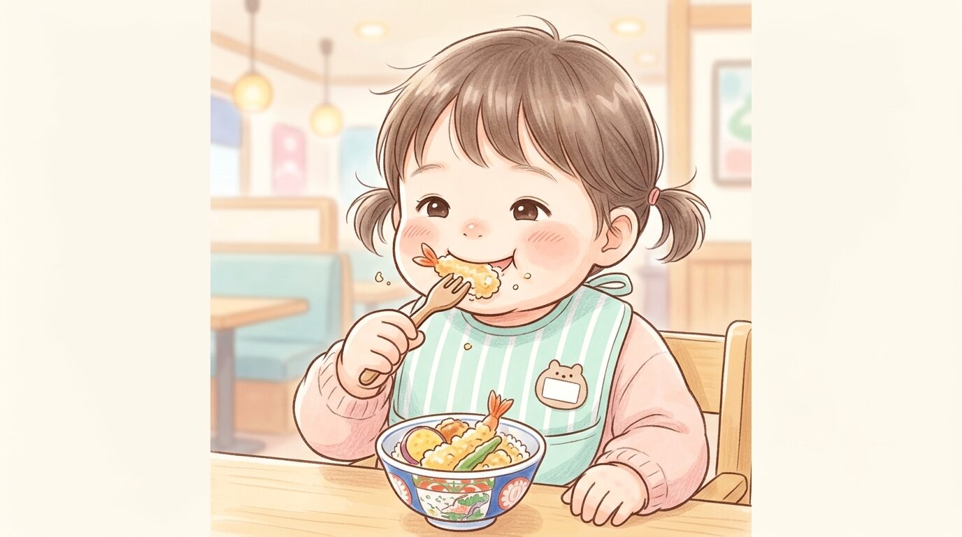 お子様天丼をおいしそうに頬張る2歳くらいの子供のクローズアップ