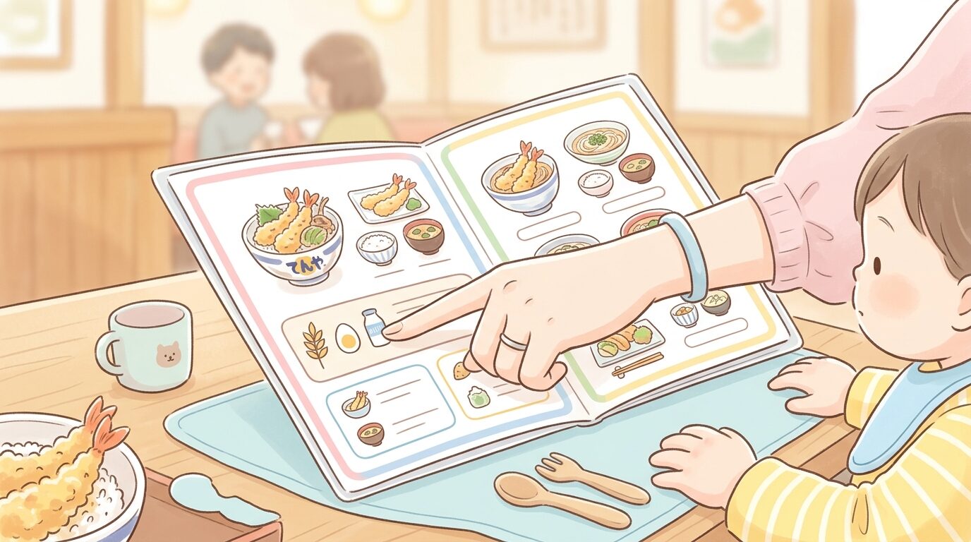 メニュー表のアレルギー表示部分を指さして確認する母親の手元