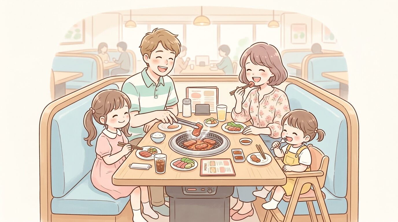 焼肉きんぐの店内でボックス席に座り、家族4人で笑顔で食事を楽しんでいる様子