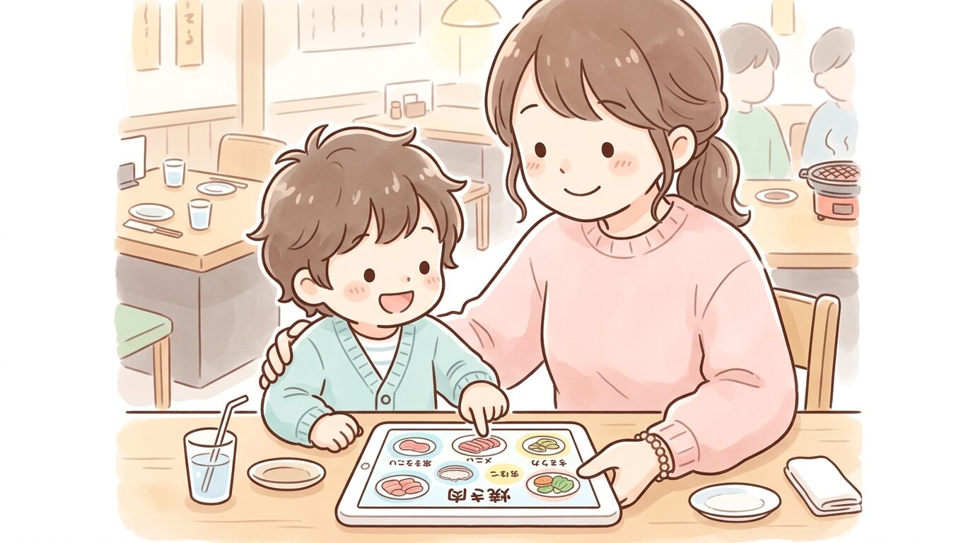 タブレット端末で焼肉メニューを注文する親子の手元、子どもが画面を指差している様子