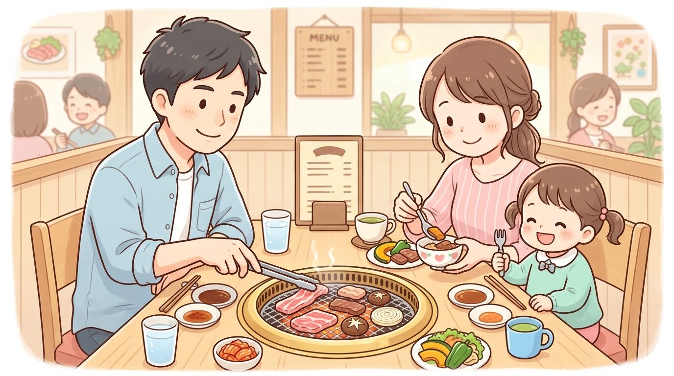 焼肉の網の前で父親が肉を焼き、隣で母親が幼児に取り分けてあげている家族の食卓風景