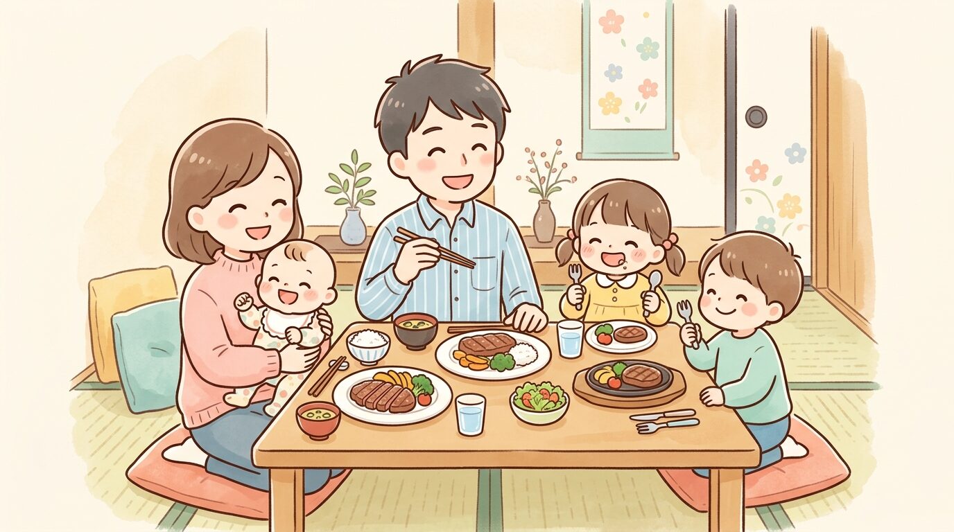 家族4人でステーキ店の座敷席に座り、赤ちゃんを抱っこしながら笑顔で食事を楽しむ様子