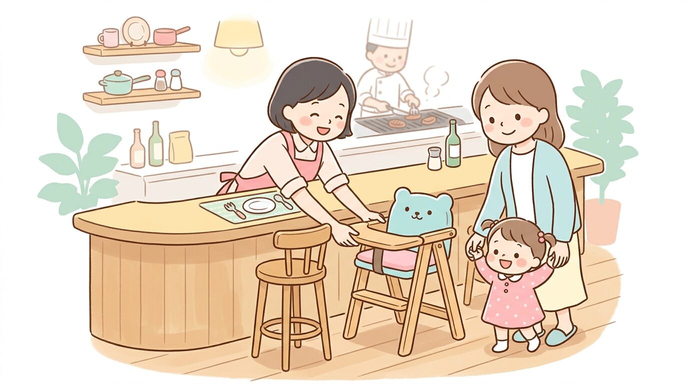 ステーキ専門店のカウンターで、店員が子ども用の椅子を用意している様子