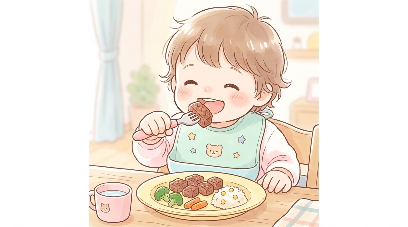 小さな子どもがフォークで一口サイズに切られたステーキを食べようとしている食卓のクローズアップ