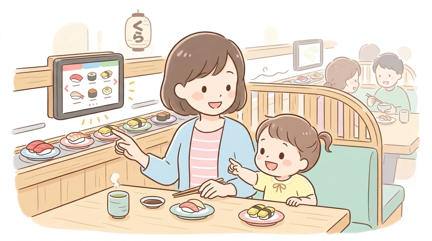 タッチパネルで注文するくら寿司の店内、子どもが興味深そうに画面を見ている様子
