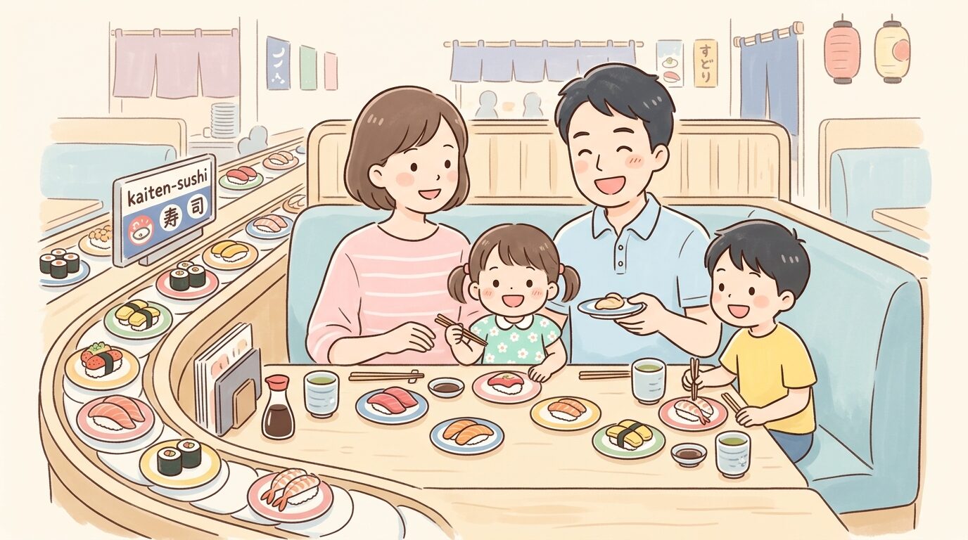 家族4人で回転寿司のテーブル席を囲み楽しそうに食事をする様子