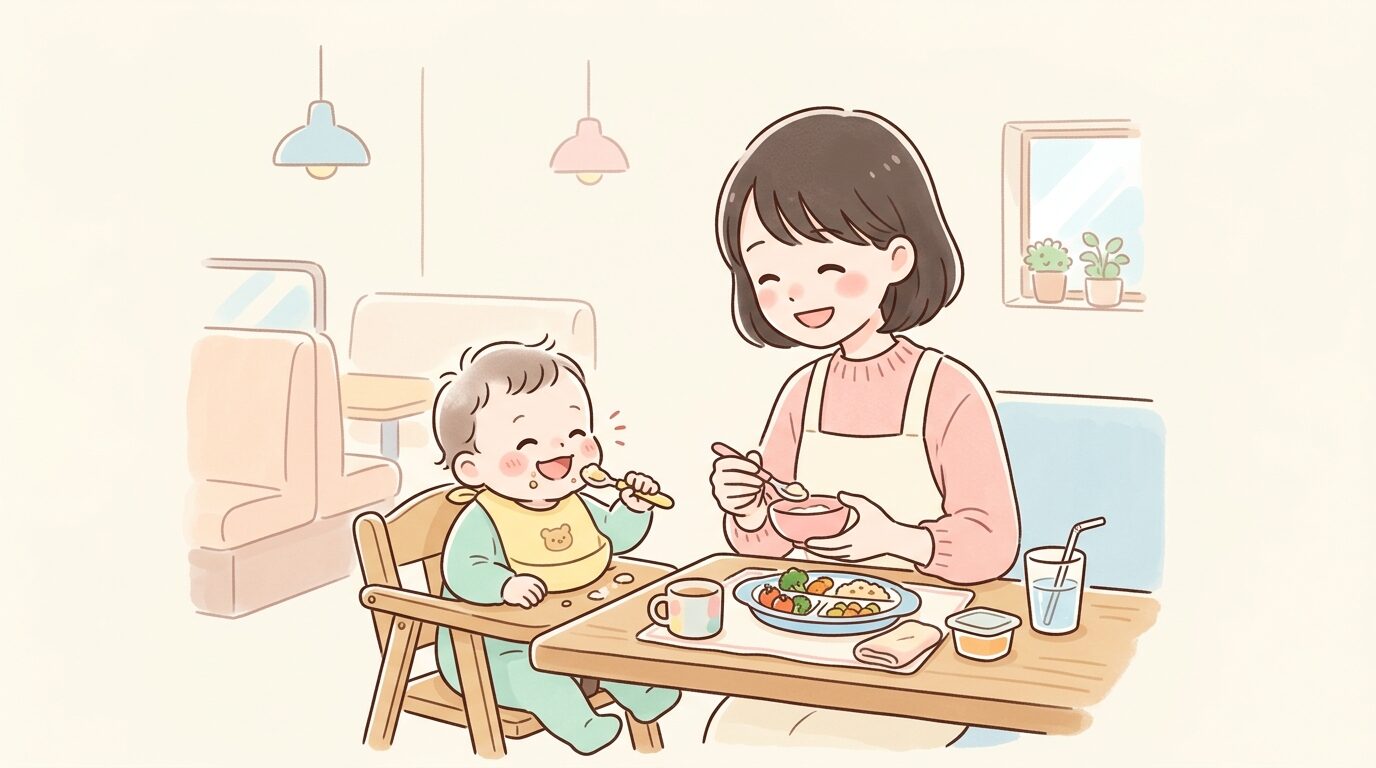 ファミリーレストランのテーブル席で笑顔の赤ちゃんと若い母親が食事を楽しんでいる様子