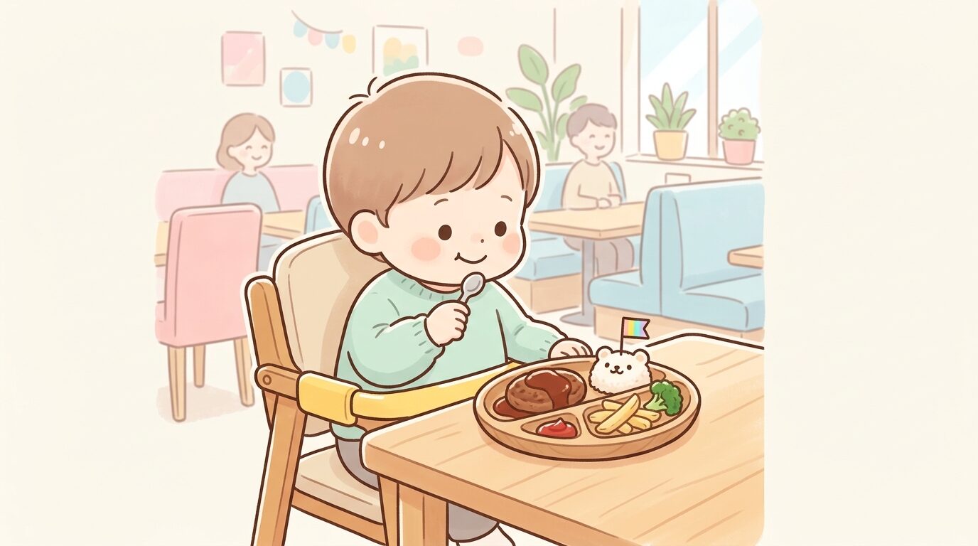 ガストの店内でベビーチェアに座った幼児がキッズメニューのハンバーグプレートを食べている様子