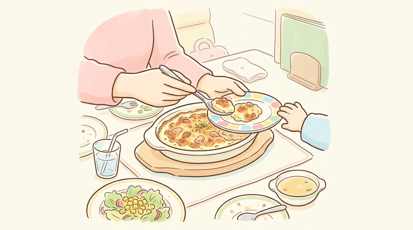 サイゼリヤのテーブルで取り分け用の小皿にミラノ風ドリアを分けている親の手元
