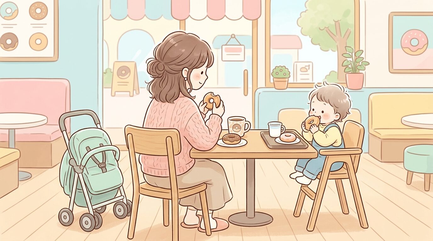 明るいミスタードーナツの店内で、ベビーカーを横に置いてドーナツを食べる親子の後ろ姿