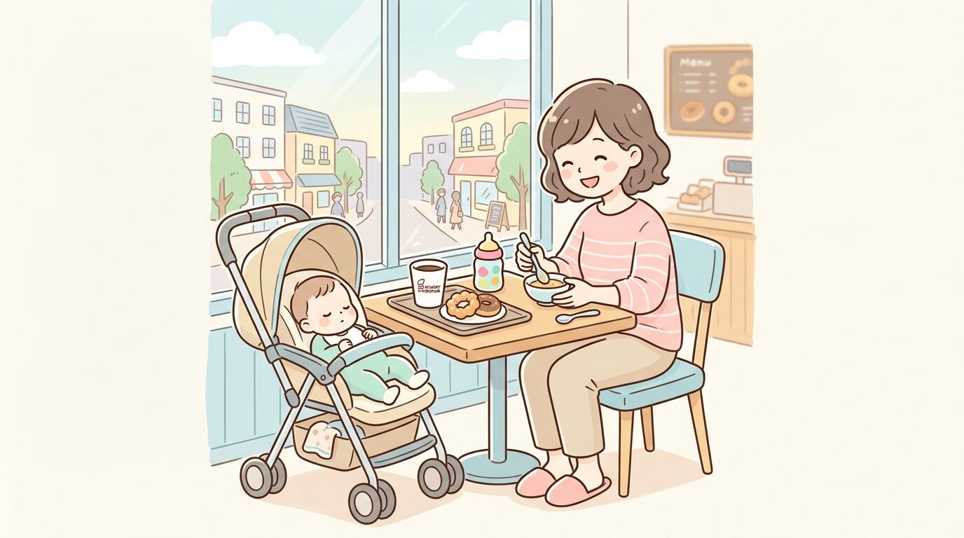 ドーナツショップの窓際テーブル席にベビーカーを横付けし、離乳食を用意する母親