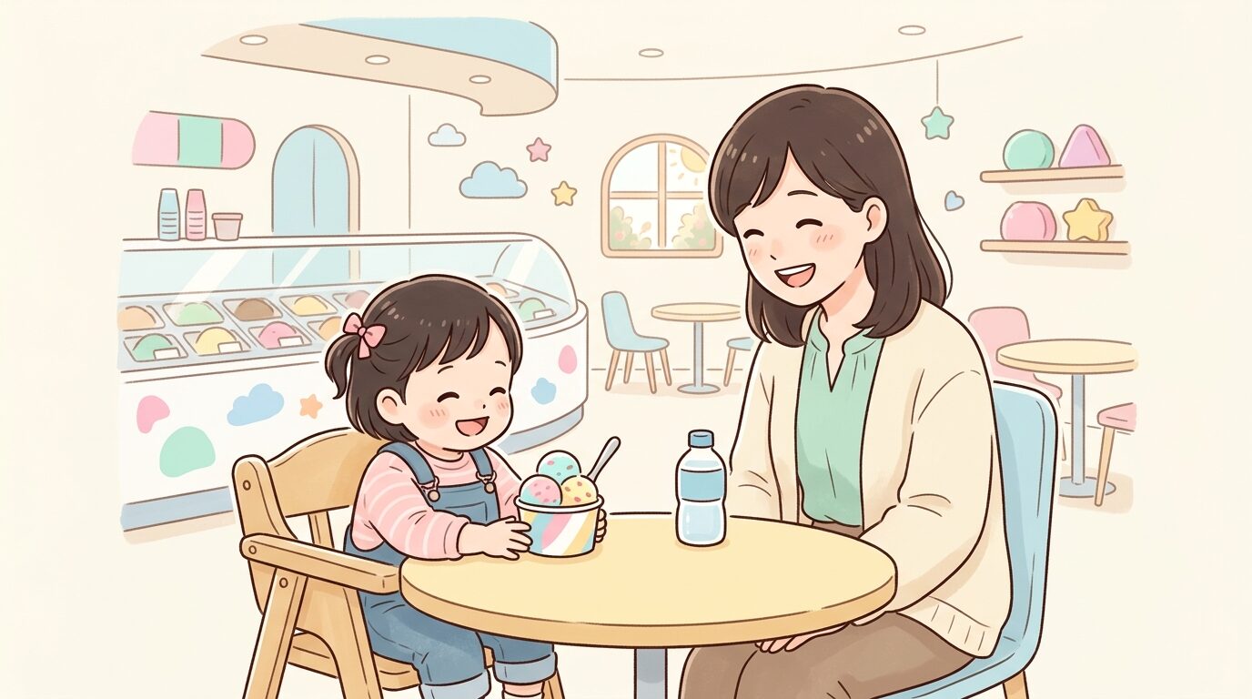 明るいアイスクリームショップの店内でカップに入ったアイスクリームを嬉しそうに見つめる1歳半頃の子どもと、隣で笑顔で見守る母親