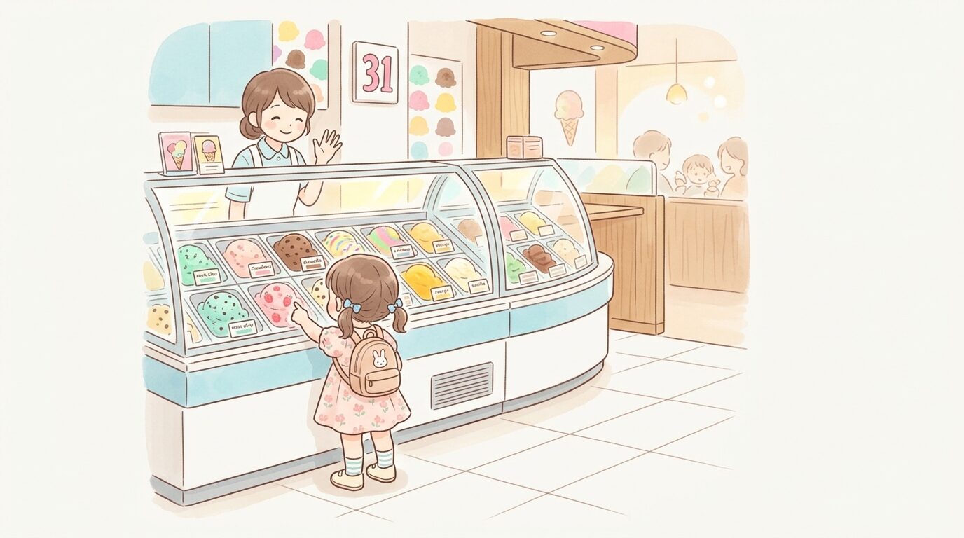 サーティワンの店頭でカラフルなアイスクリームのショーケースを指差して選んでいる2歳くらいの女の子の後ろ姿