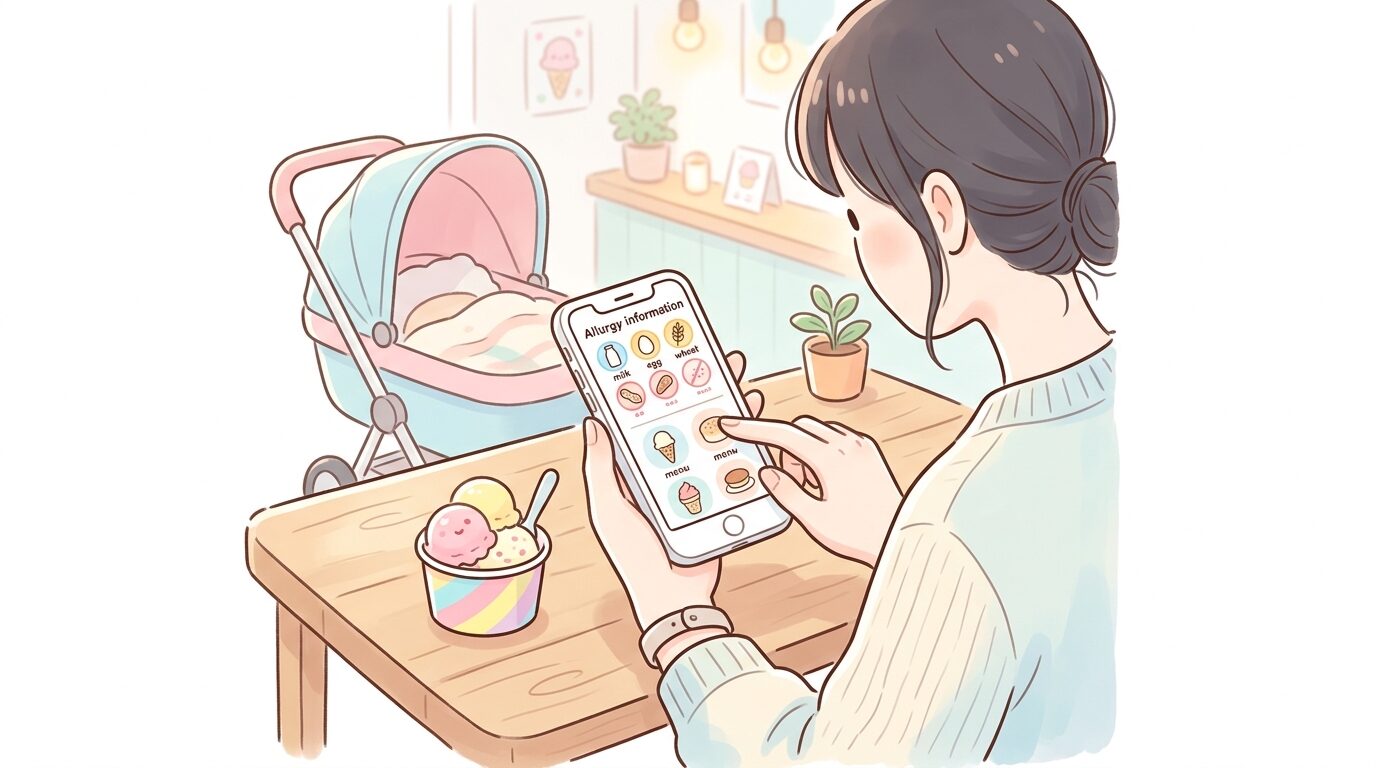スマートフォンでアイスクリーム店のアレルギー表示ページを確認する母親の手元、テーブルにはベビーカーと小さな子ども用のカップが写っている