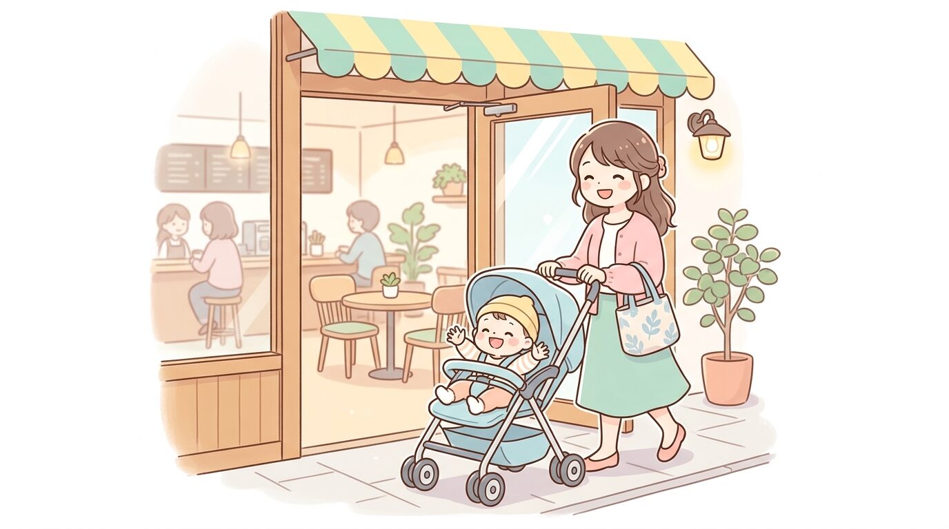 ベビーカーを押しながらタリーズコーヒーの店内に入る若い母親と笑顔の赤ちゃん