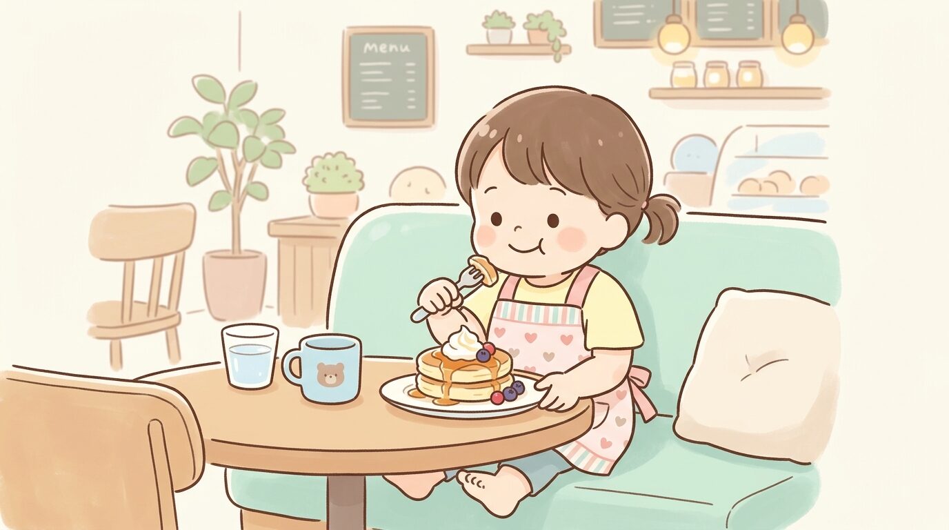 タリーズのソファ席で子ども用エプロンをつけてパンケーキを楽しむ幼児