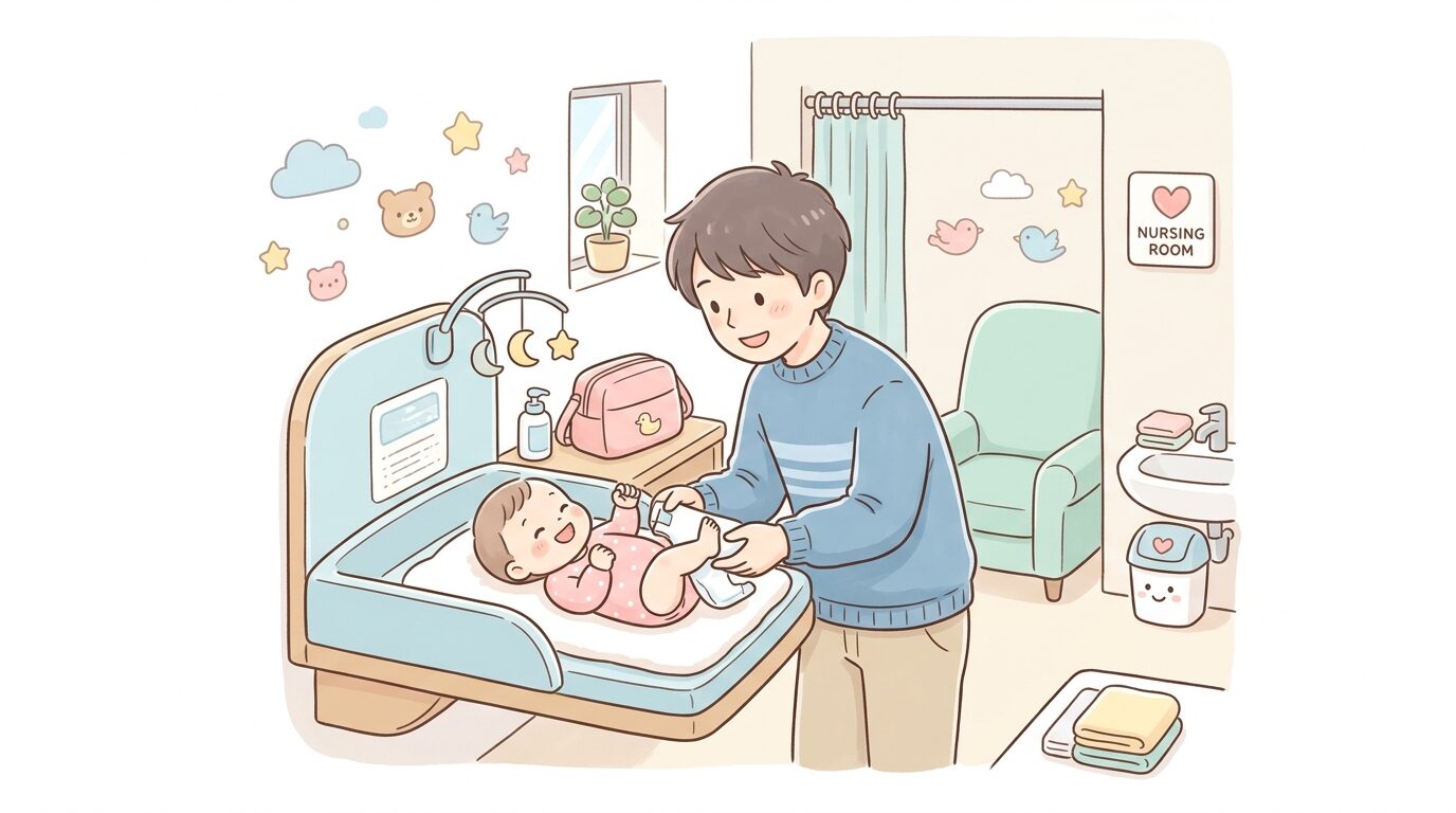 おむつ替え台がある清潔な授乳スペースで赤ちゃんの世話をする父親