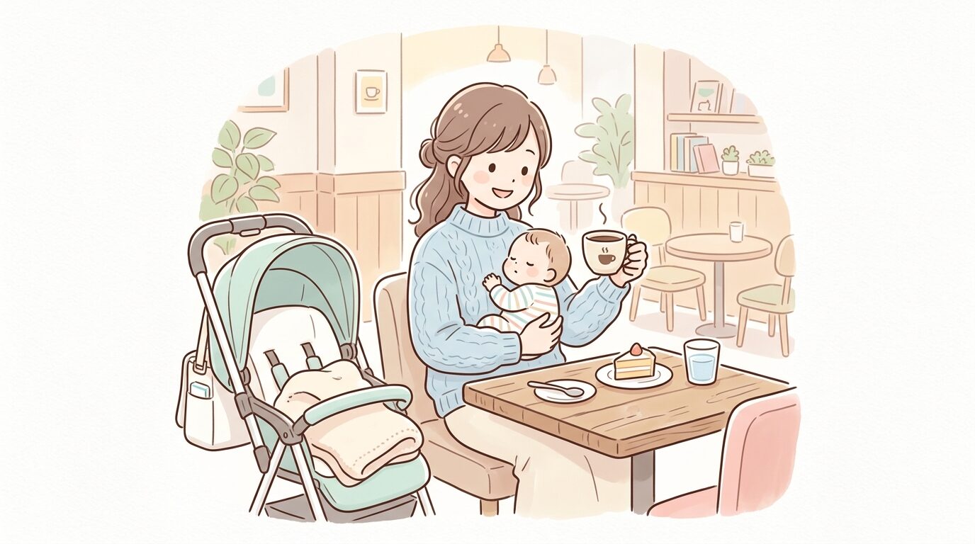 落ち着いた雰囲気のカフェでベビーカーを横に置き、赤ちゃんを抱っこしながらコーヒーを飲む母親