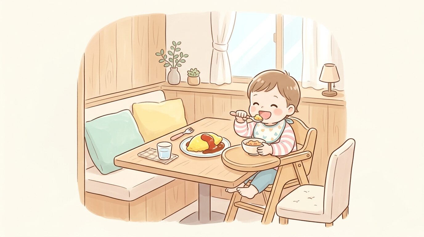 カフェの個室席でハイチェアに座った幼児がスプーンでオムライスを食べている様子