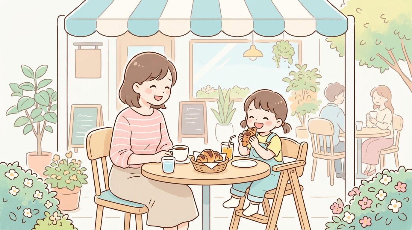 ベーカリーカフェの明るいテラス席で親子がチョコクロとジュースを楽しんでいる風景