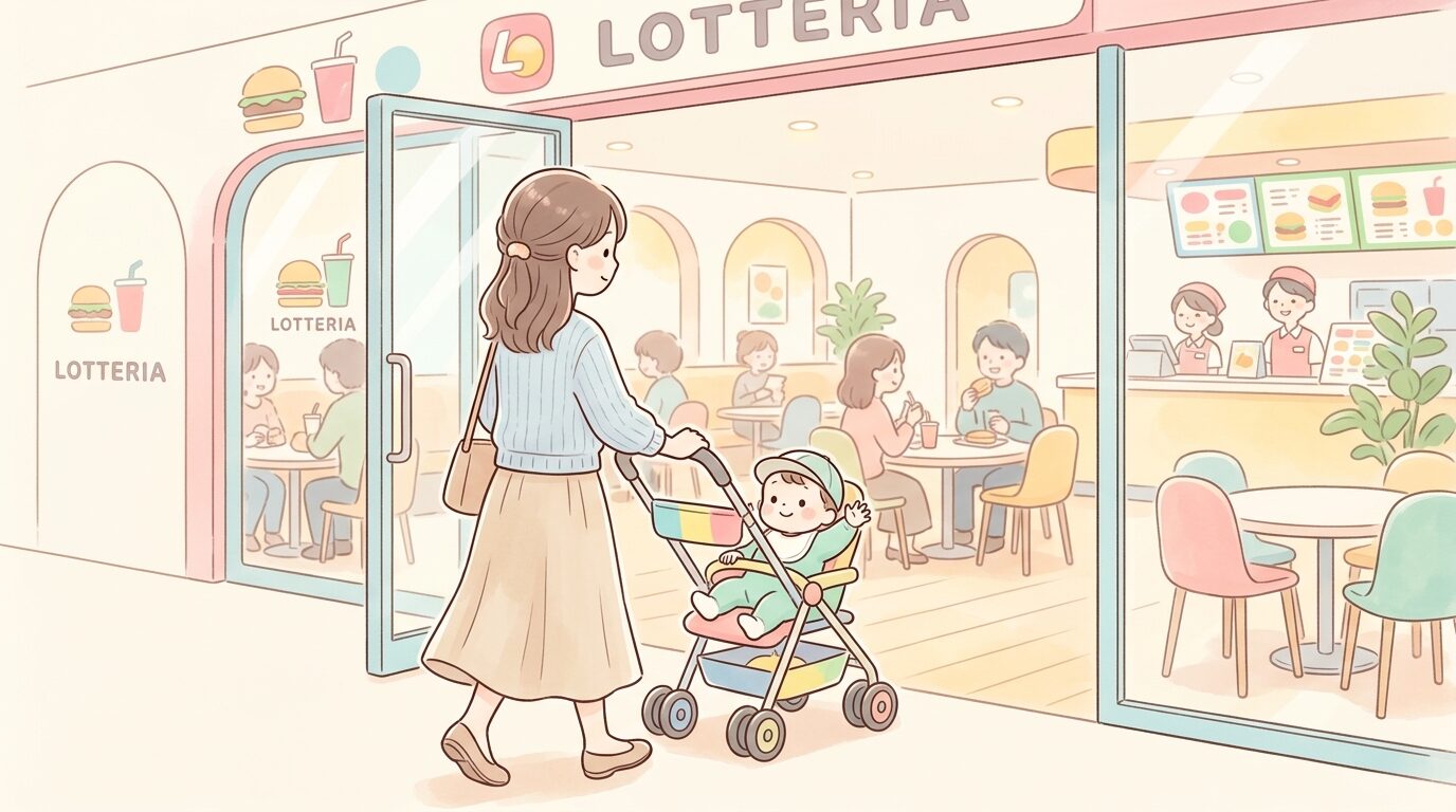 明るいファストフード店の店内でベビーカーを押しながら親子で入店する若い母親の後ろ姿