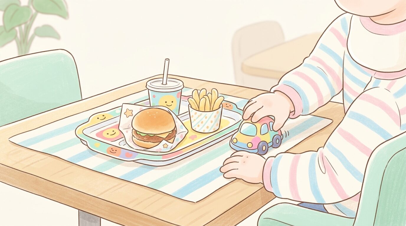 テーブルに並んだキッズセットのハンバーガーとポテト、付属のおもちゃで遊ぶ小さな子どもの手元