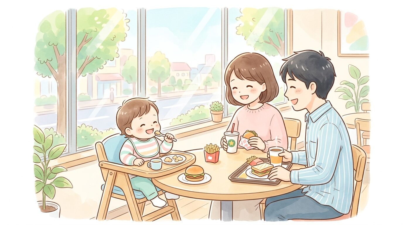 窓際のテーブル席でベビーチェアに座る幼児と、笑顔で食事を見守る家族の様子