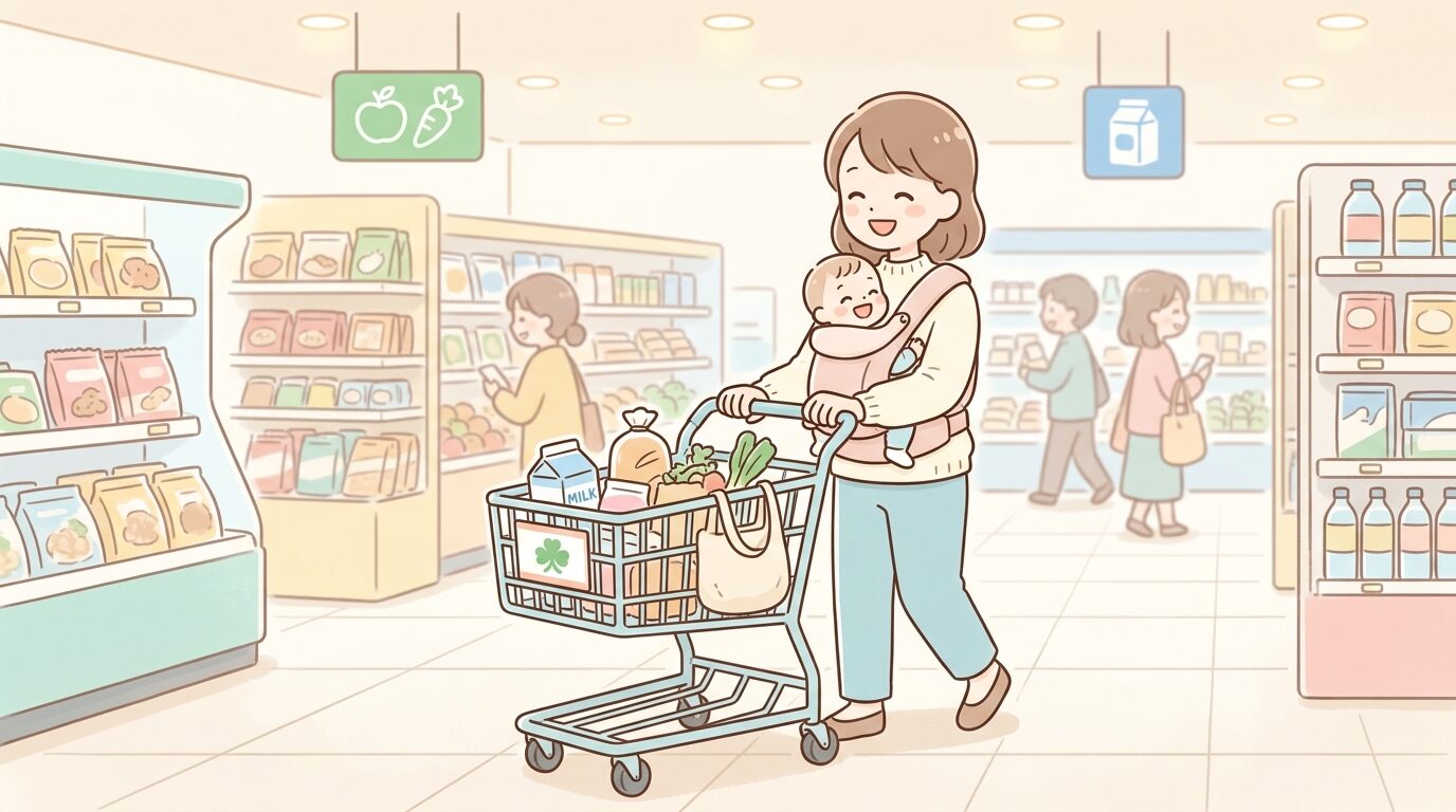 赤ちゃんを抱っこしながらショッピングカートを押す笑顔の母親、明るいスーパーの店内