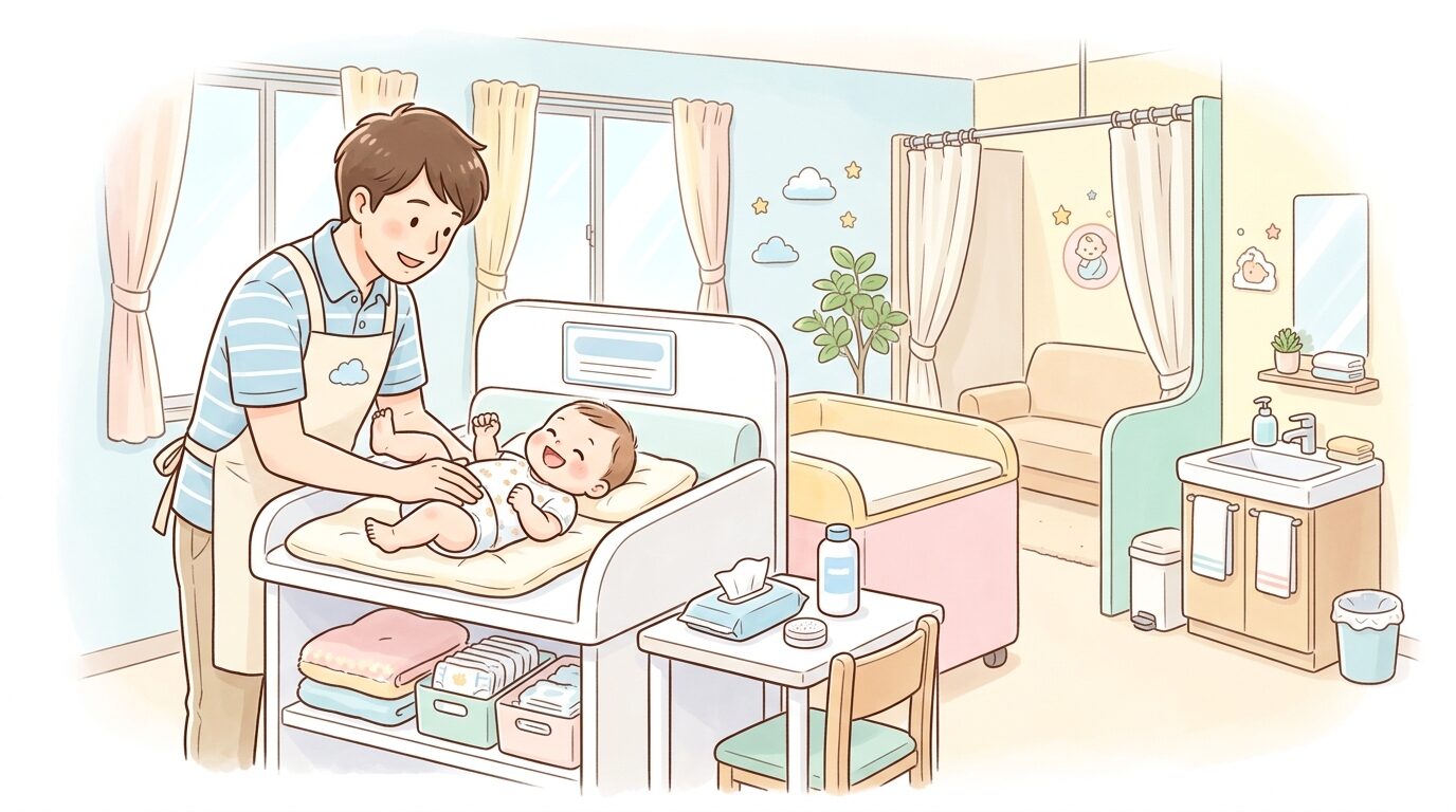 おむつ交換台で赤ちゃんのおむつを替える父親、明るく清潔な赤ちゃん休憩室の様子