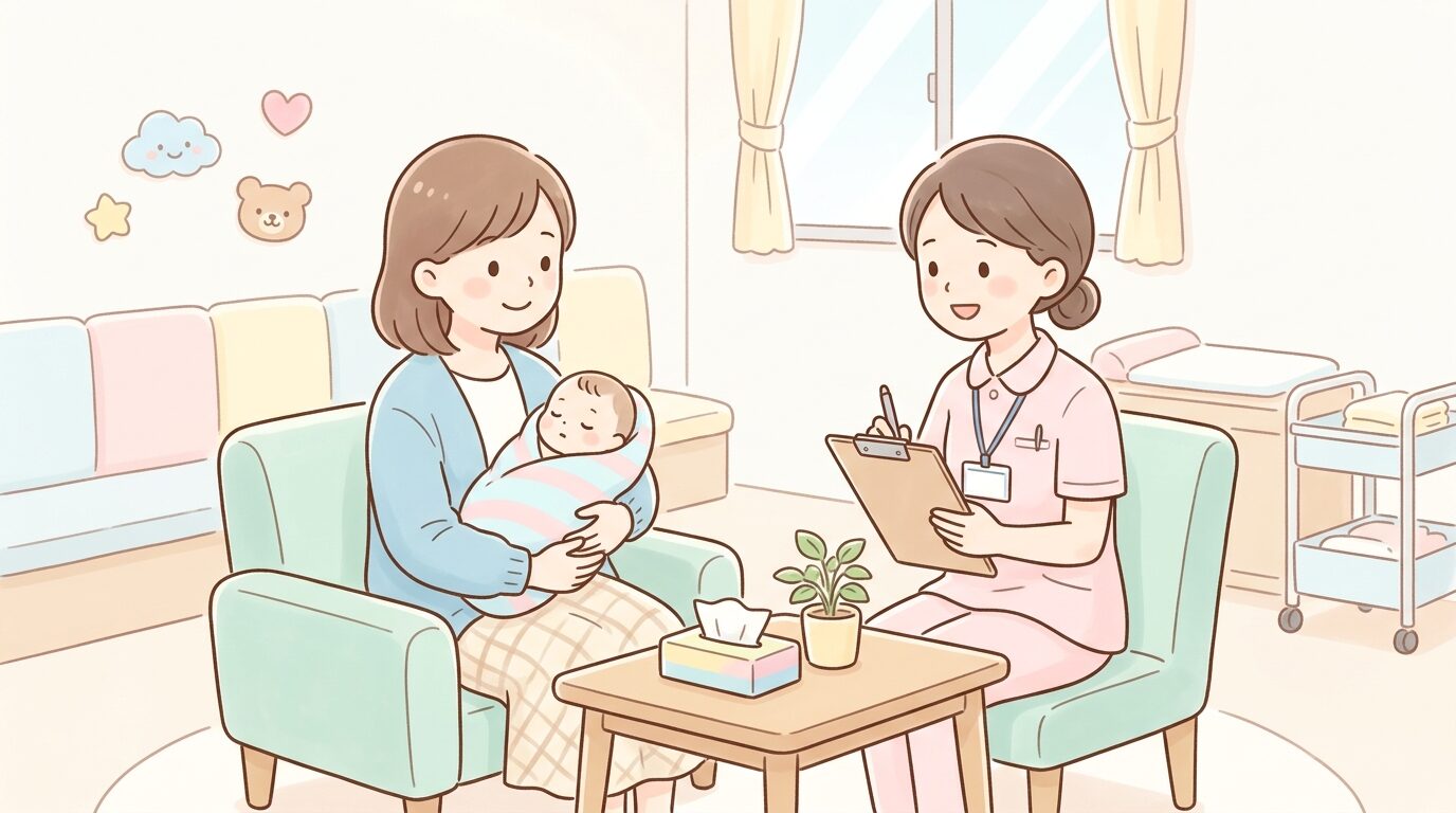赤ちゃん休憩室で保健師に育児の相談をする母親と、話を聞く専門スタッフ