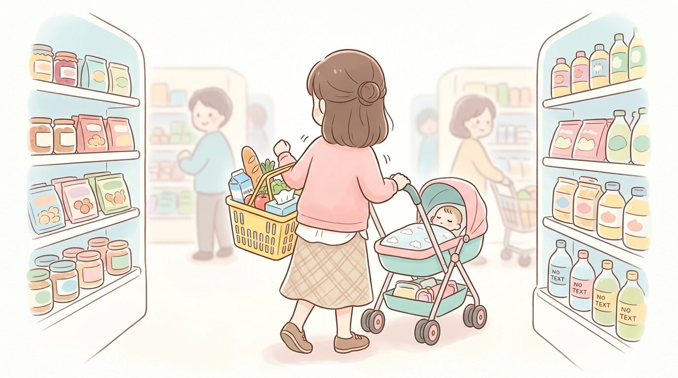 ベビーカーを押しながらスーパーで買い物カゴを持つのに苦労する若い母親の後ろ姿