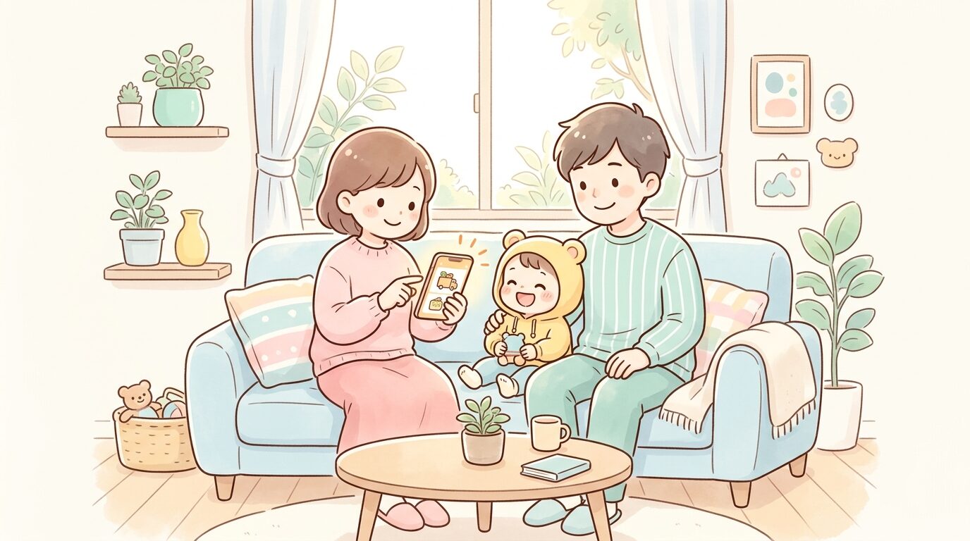 スマートフォンでオンラインデリバリーアプリを操作しながらリビングでくつろぐ家族