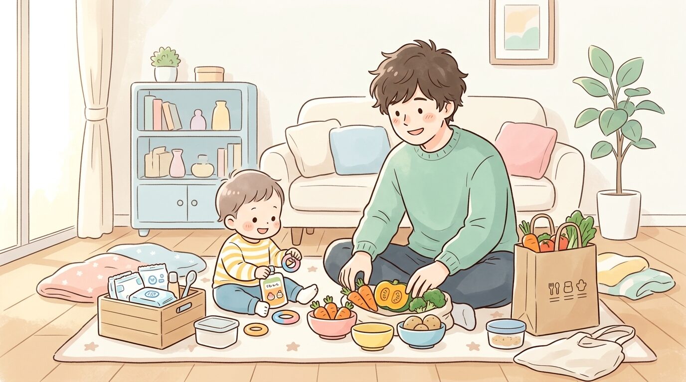 リビングの床に座り離乳食用の野菜やベビー用品を仕分けする父親と子ども