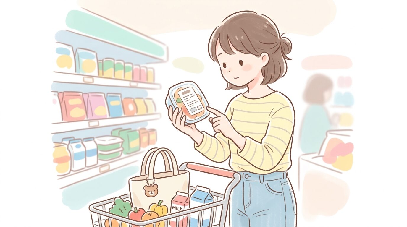 成城石井の店内で食品パッケージの原材料表示を確認する若い母親の手元