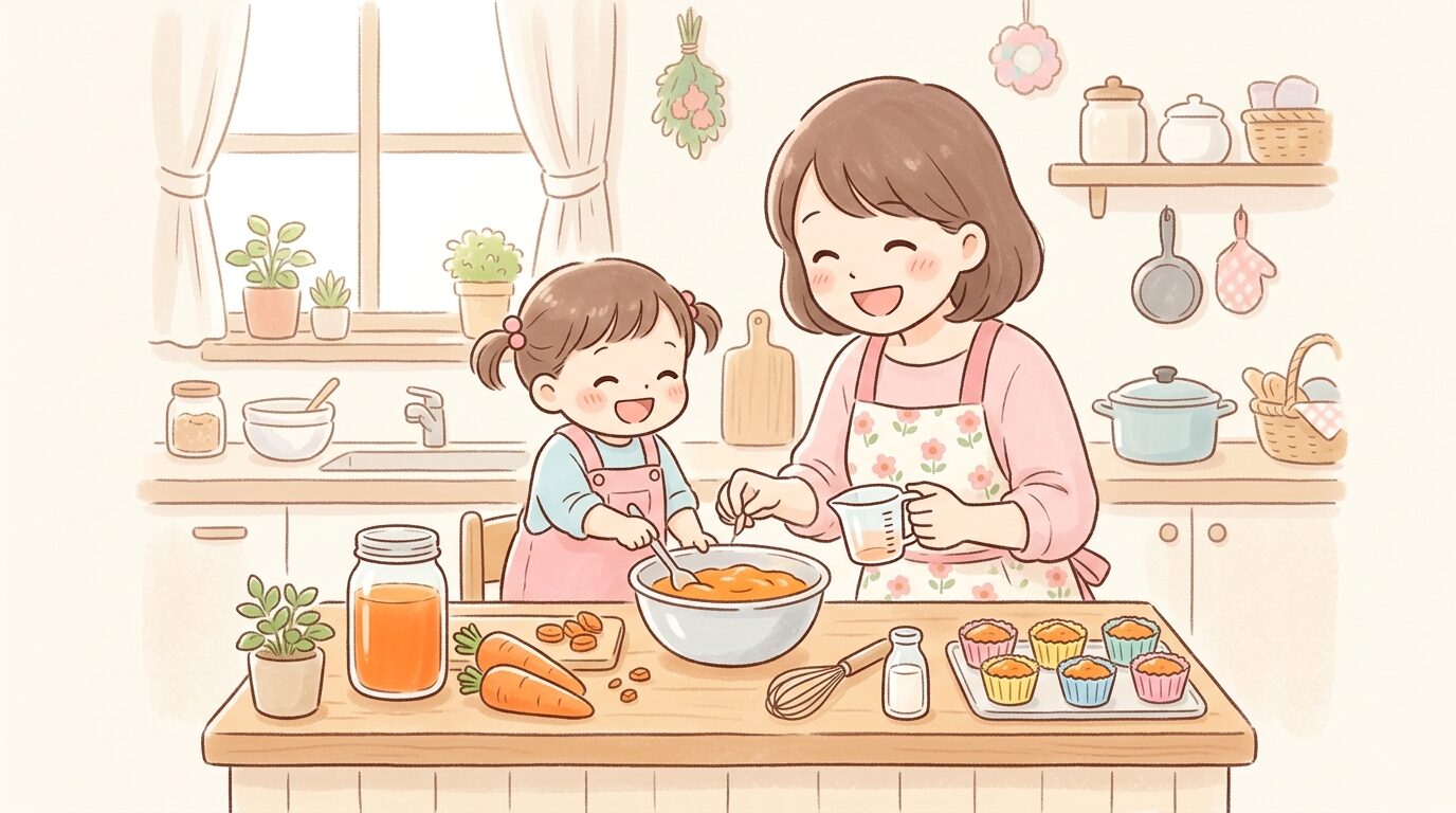 キッチンでにんじんジュースを使ったおやつを幼児と一緒に作る親子の楽しそうな様子