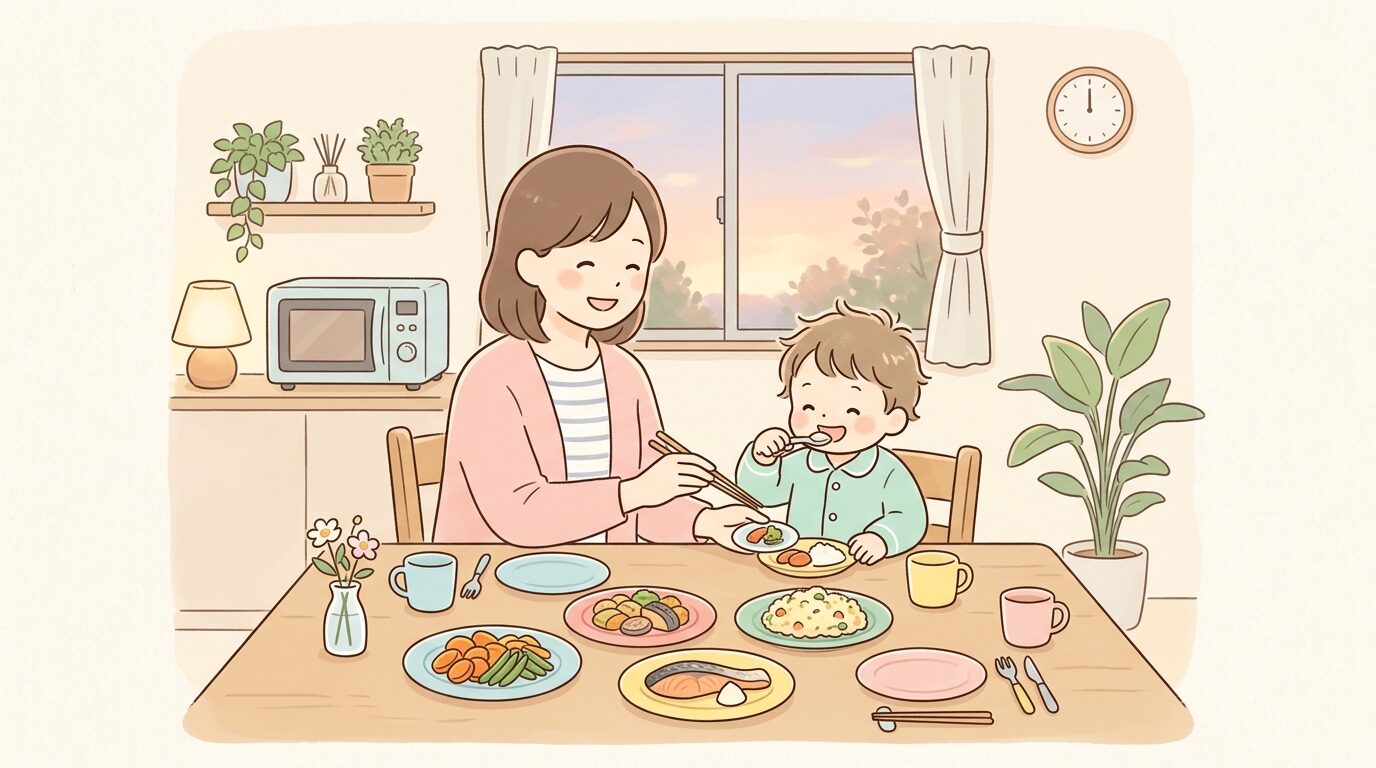電子レンジで温めた成城石井の惣菜をお皿に盛り付け、子どもと一緒に食卓を囲む夕方の家庭の風景