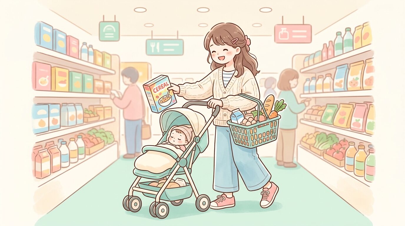 明るい店内でベビーカーを押しながら笑顔で買い物カゴに商品を入れる若い母親
