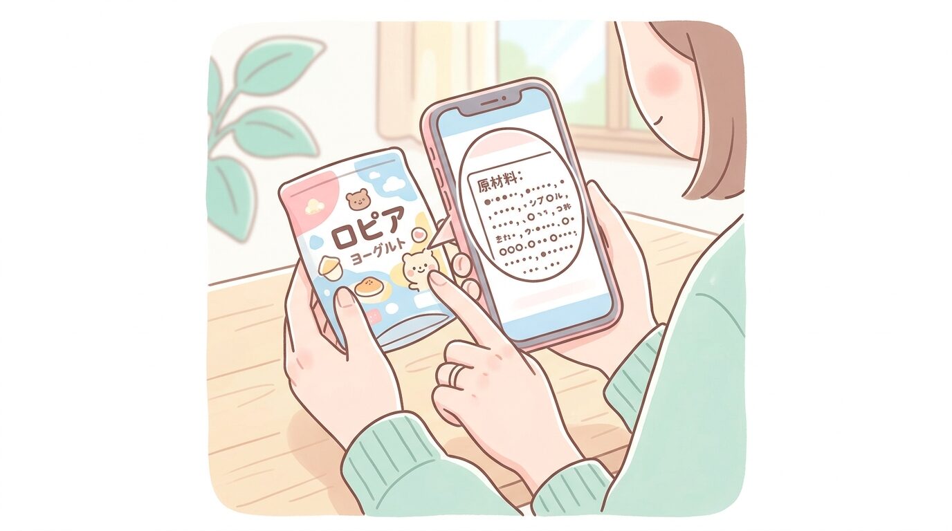 商品パッケージの原材料表示をスマートフォンで拡大確認する母親の手元