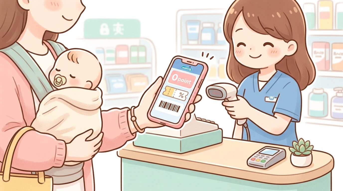 スマートフォンのウエルシアアプリ画面をレジで店員に提示する親の手元