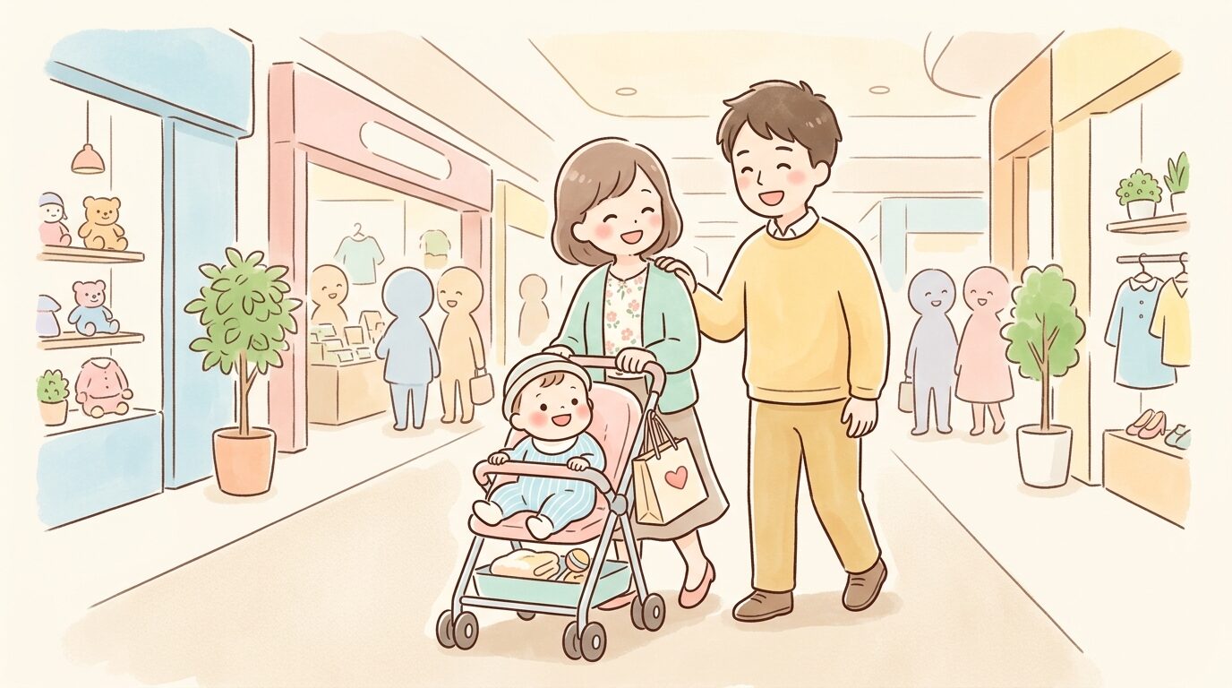 ショッピングモール内でベビーカートに乗った赤ちゃんと一緒に買い物をする家族の笑顔