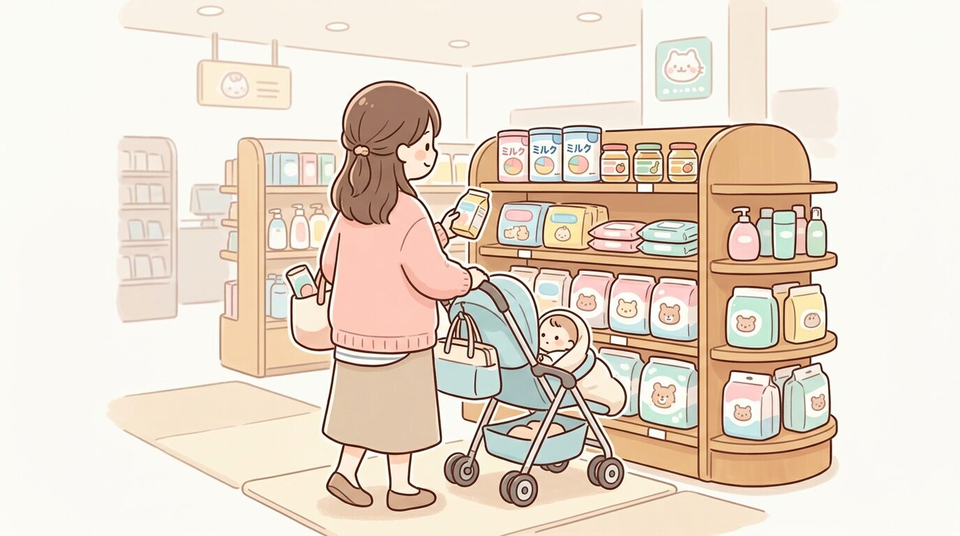 ドラッグストアの店内でベビーカーを押しながらオムツやミルクを選ぶ若い母親の後ろ姿