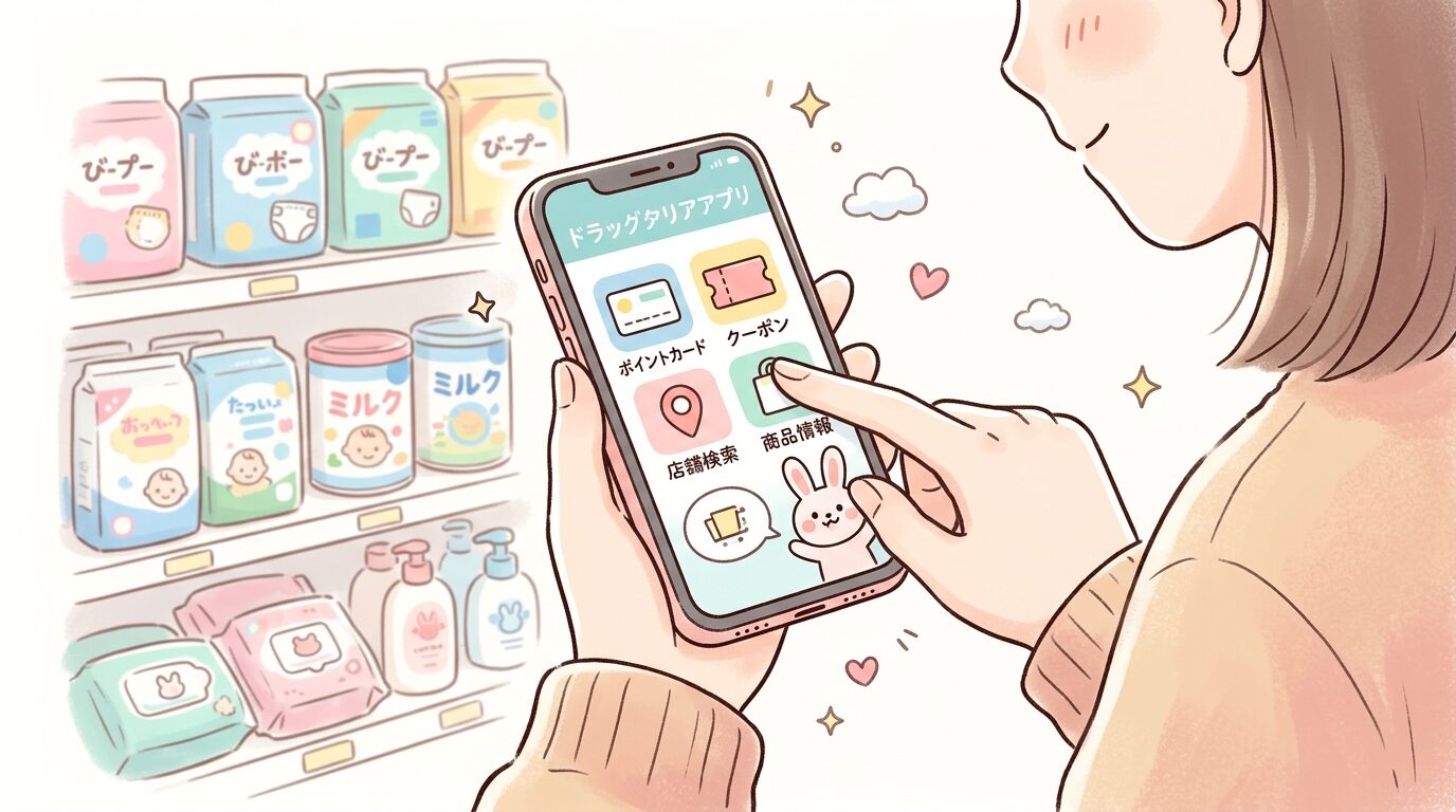 スマートフォンでドラッグストアの公式アプリを操作する30代女性の手元、背景にベビー用品の陳列棚