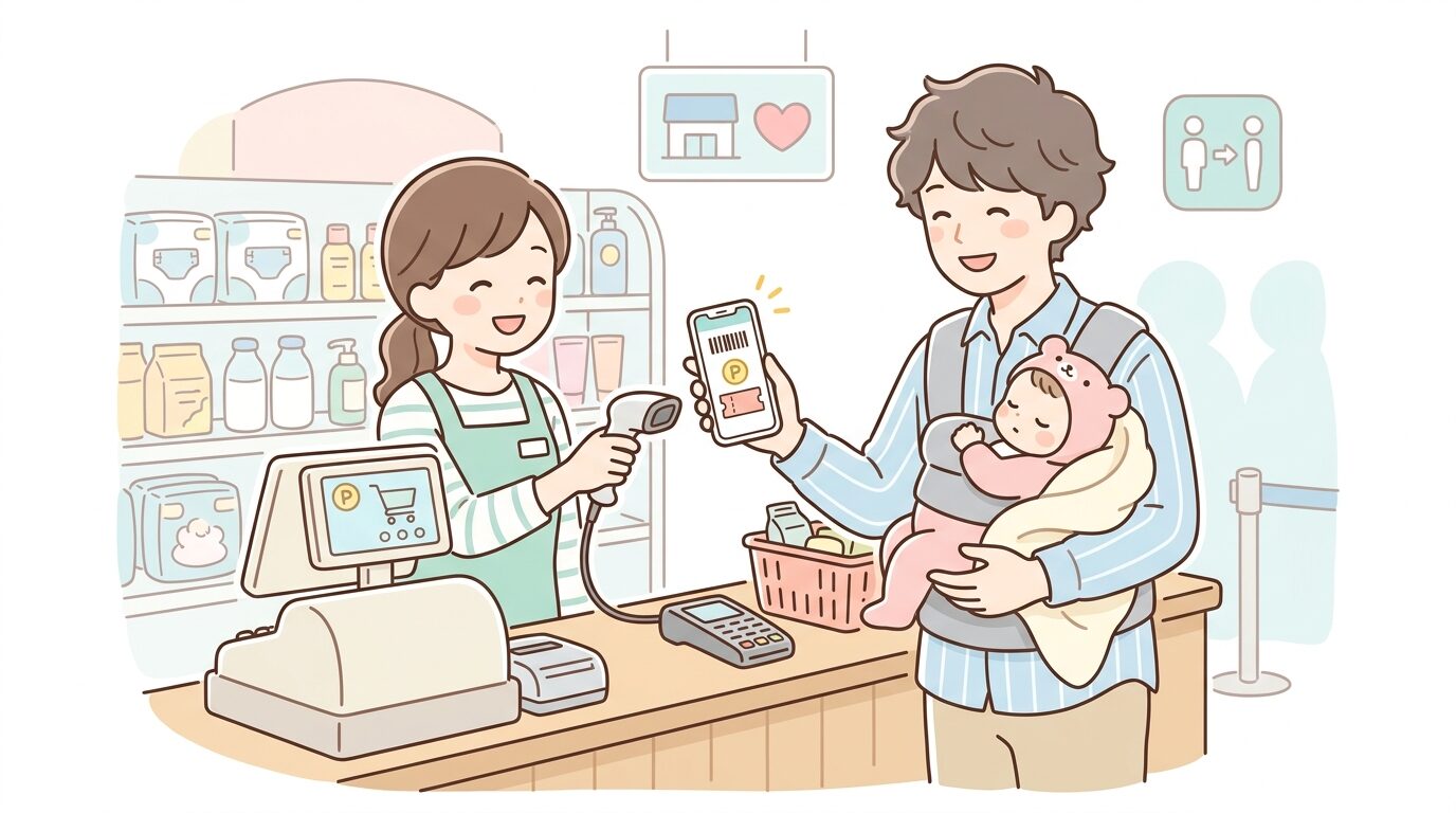 レジ前でスマートフォンのアプリ画面を提示しながら会計をする父親と、抱っこされた乳児