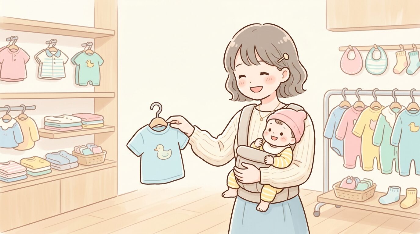 明るい店内でベビー服を手に取りながら微笑む若い母親と抱っこされた赤ちゃん