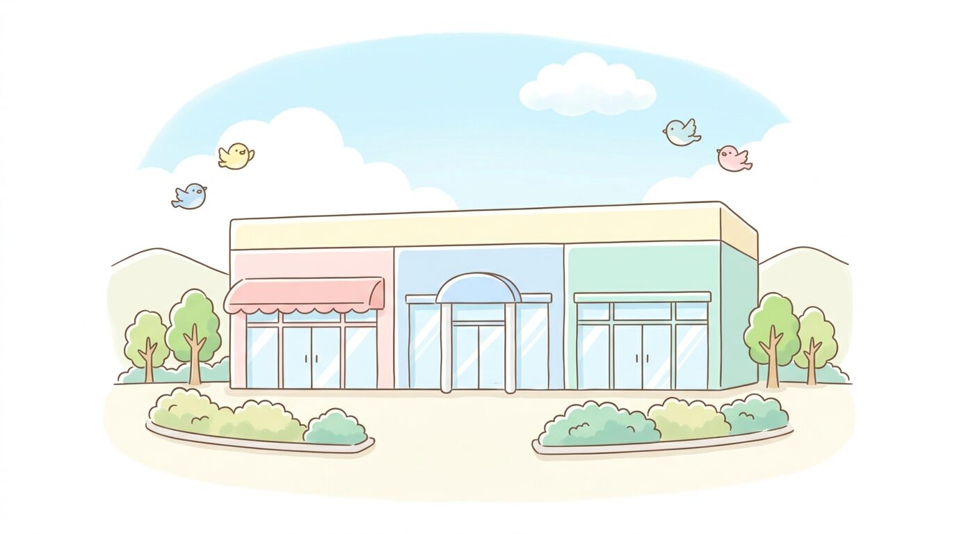 しまむら・アベイル・バースデイの店舗が並ぶショッピングモールの外観