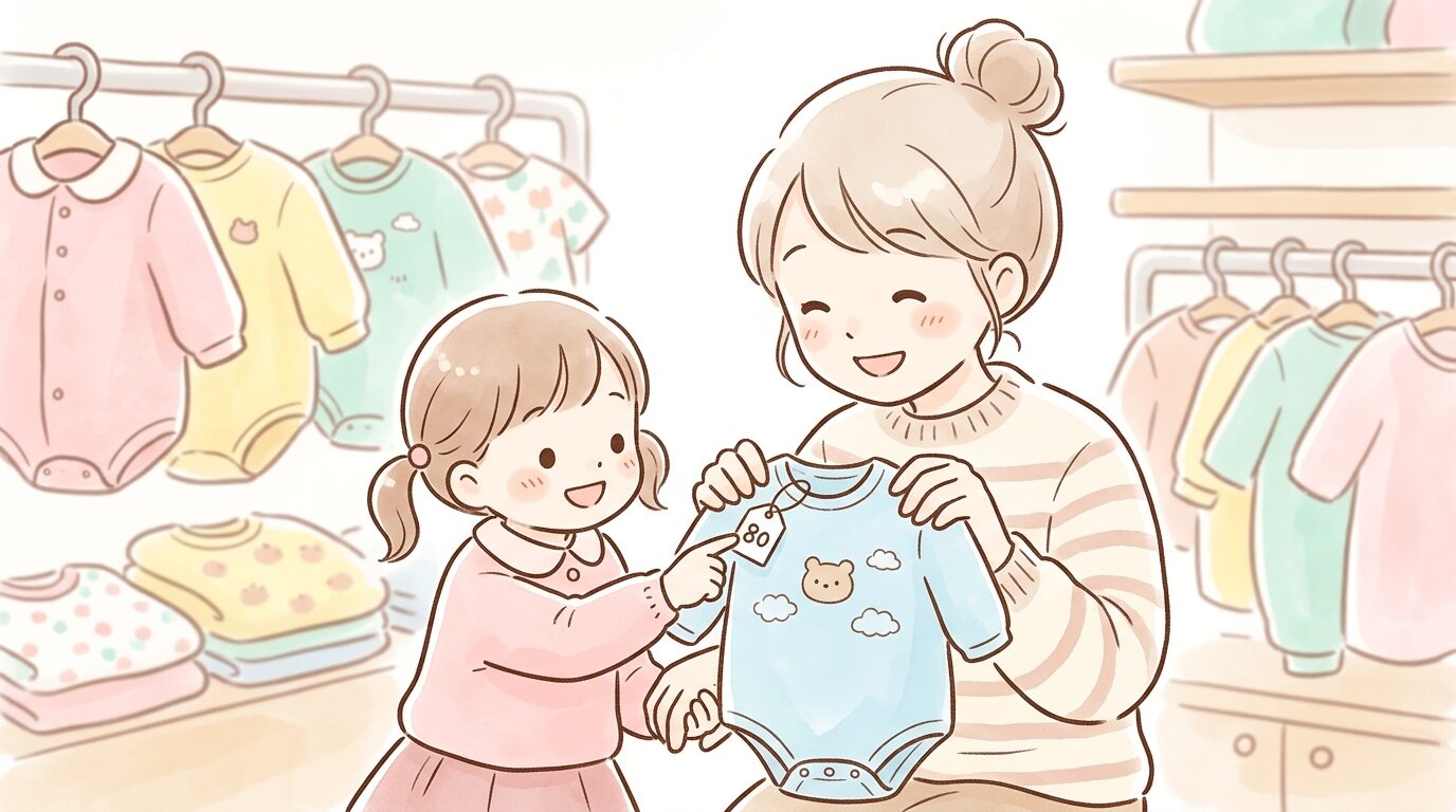 サイズ表示のタグがついたベビー服を親子で選んでいる様子のクローズアップ