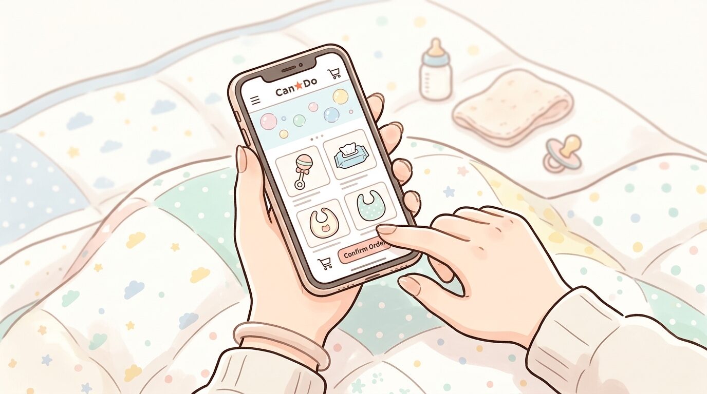 スマートフォンでキャンドゥのネットショップから育児グッズを注文する新生児期の母親の手元
