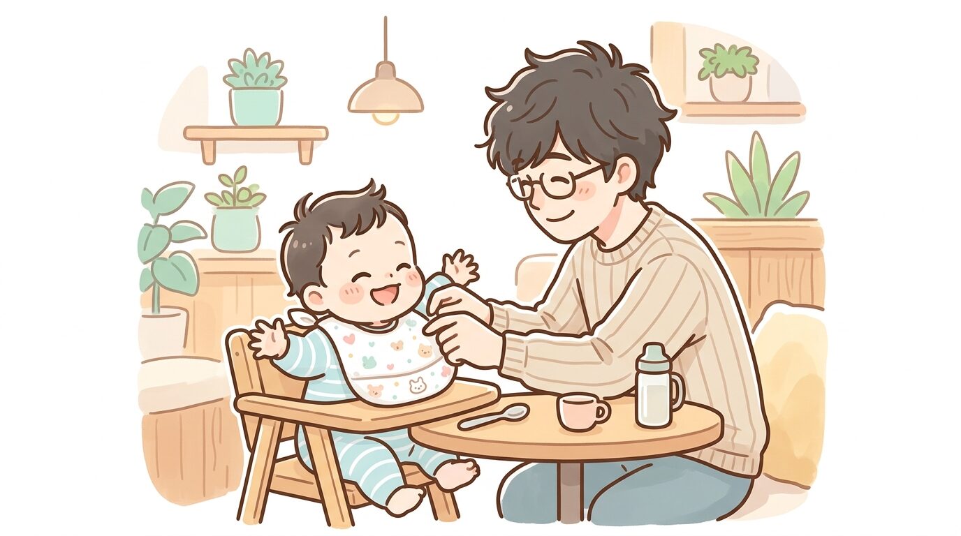 おしゃれなカフェで使い捨てベビーエプロンを子どもに装着する父親と赤ちゃんの様子